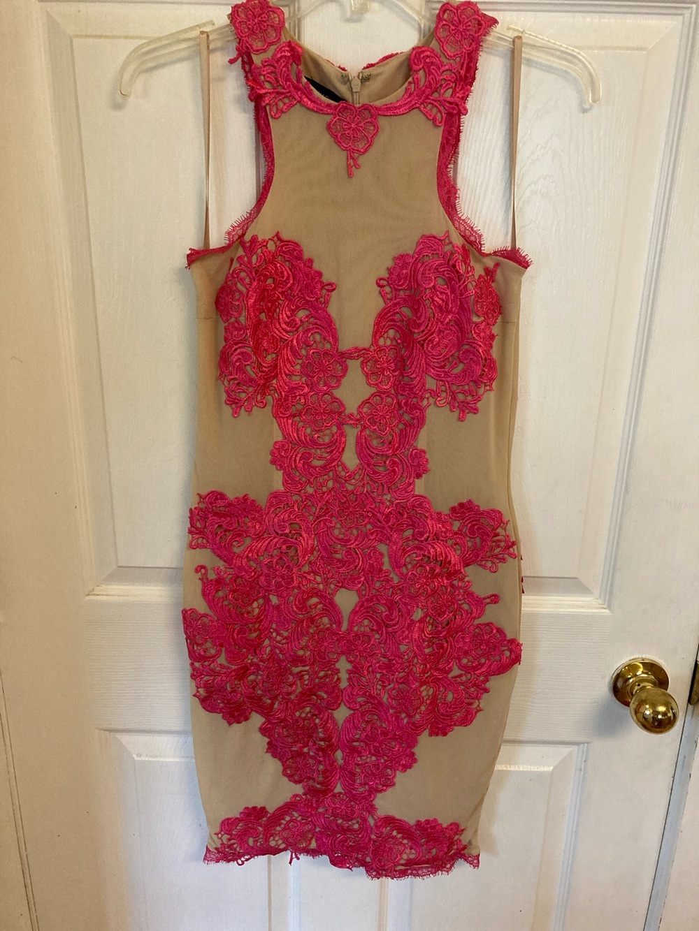 Forever Unique Nude Dress with Hot Pink Lace Appliqué